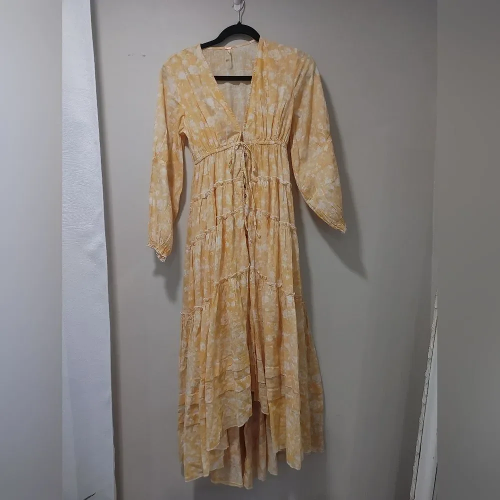 Free People Pappiet Floral Midi Dress Yellow Floral High Low Size XSmall